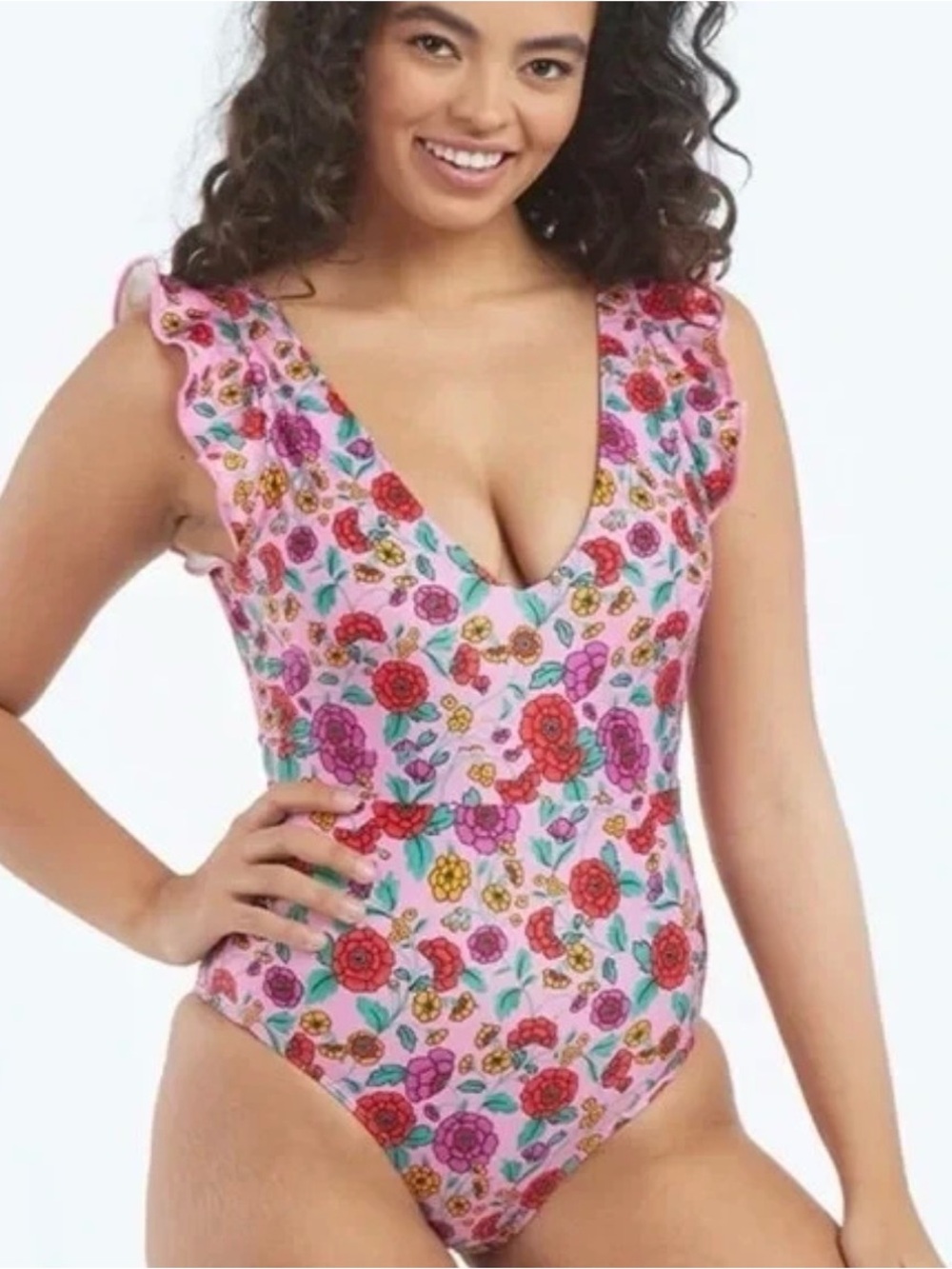 summersalt Pink Floral Trim One-Piece Swimsuit